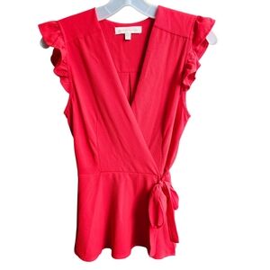 Monteau Los Angeles Red Faux Wrap Top Boss Lady Ruffle Capped Sleeves Size M